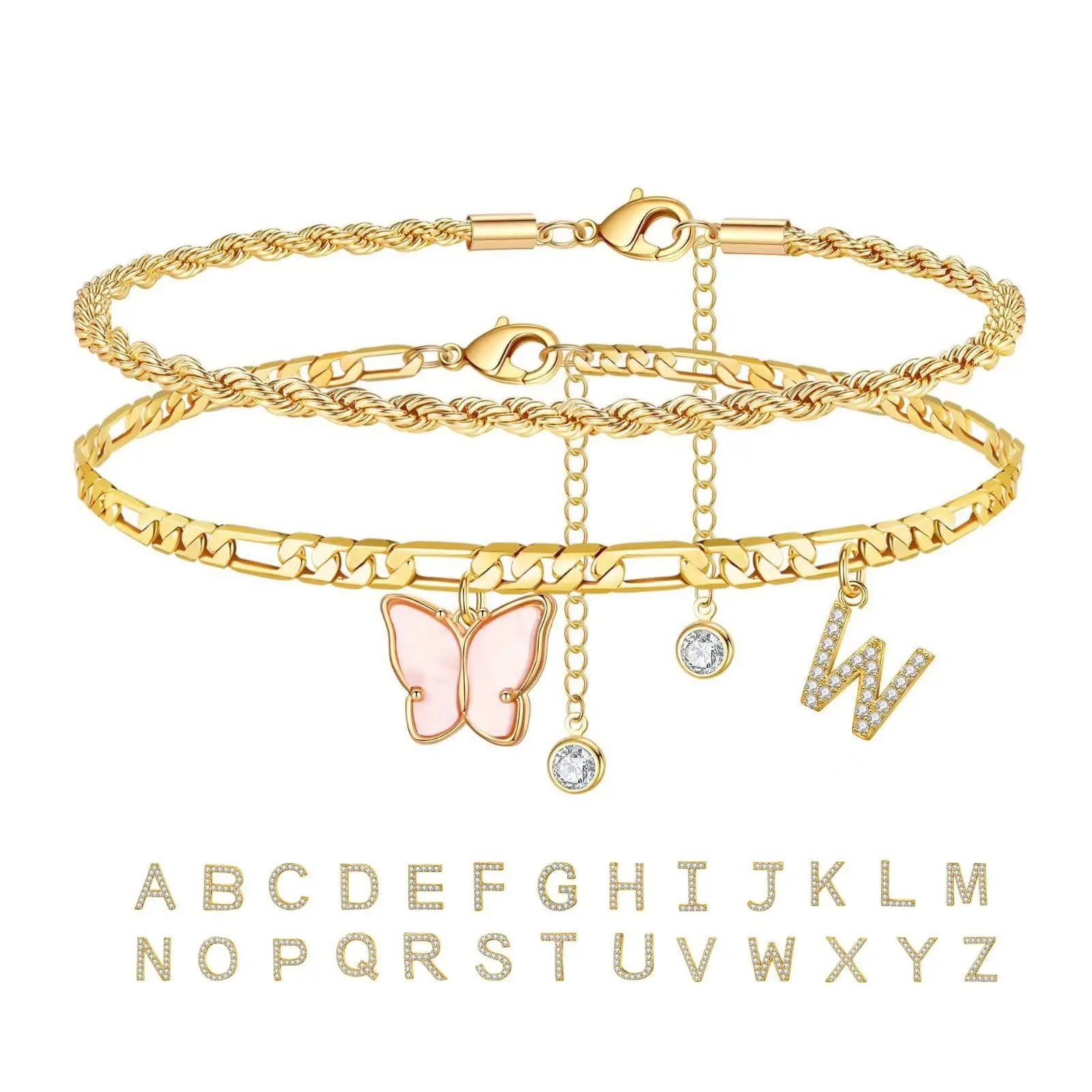 2 Stück Edelstahl Anfangs-Fußkettchen-Set für Frauen, 26 Buchstaben Acryl Schmetterling Charm Kette am Fuß Sommer Fußkettchen Schmuck