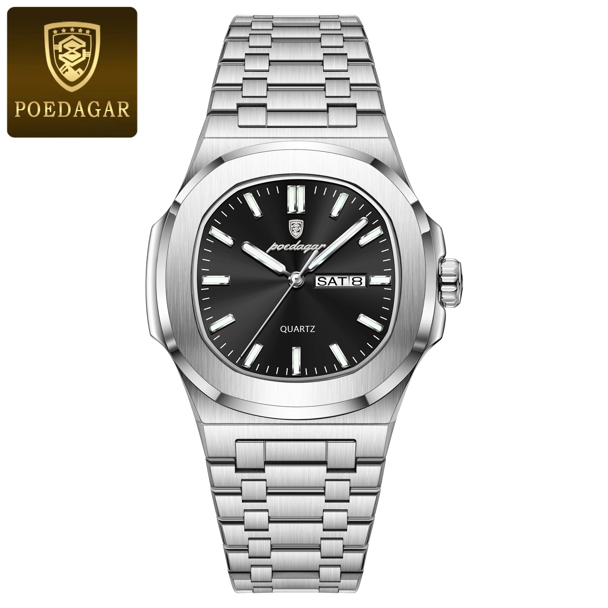 POEDAGAR Reloj de Pulsera Casual de Moda para Hombres Fecha y Día Acero Inoxidable Reloj de Hombre Luminoso Impermeable Lujo Cuarzo Relojes de Hombre+Caja