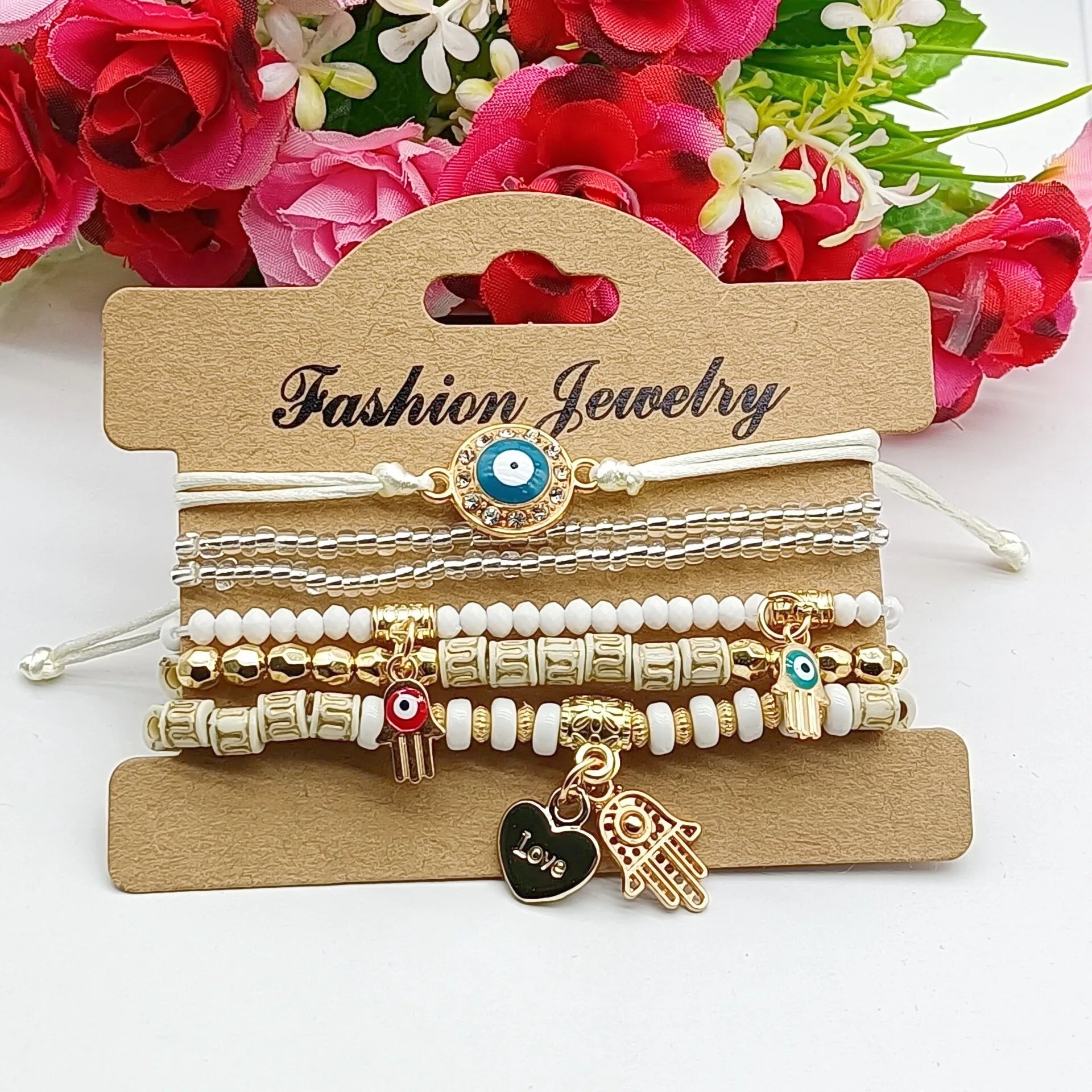 6Pcs Fatima Hand Böses Auge Armband Set für Frauen Herz Charm Perlen Seilkette Armreif Weiblicher Böhmischer Handgemachter Schmuck