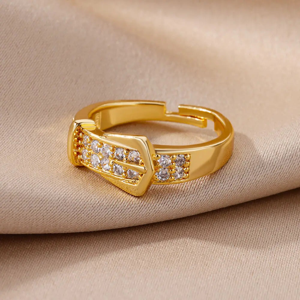 Anillos de cinturón de acero inoxidable para mujer, anillos de dedo de cinturón ajustables de circonita, joyería geométrica estética de boda, regalo