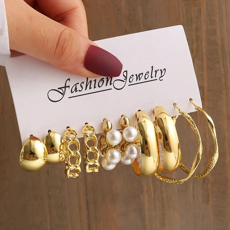 Aretes de Perlas Geométricos Vintage Color Oro, Set de Aretes Colgantes Cuadrados de Metal Trenzado Redondos para Mujer, Joyería de Fiesta Sencilla y de Moda