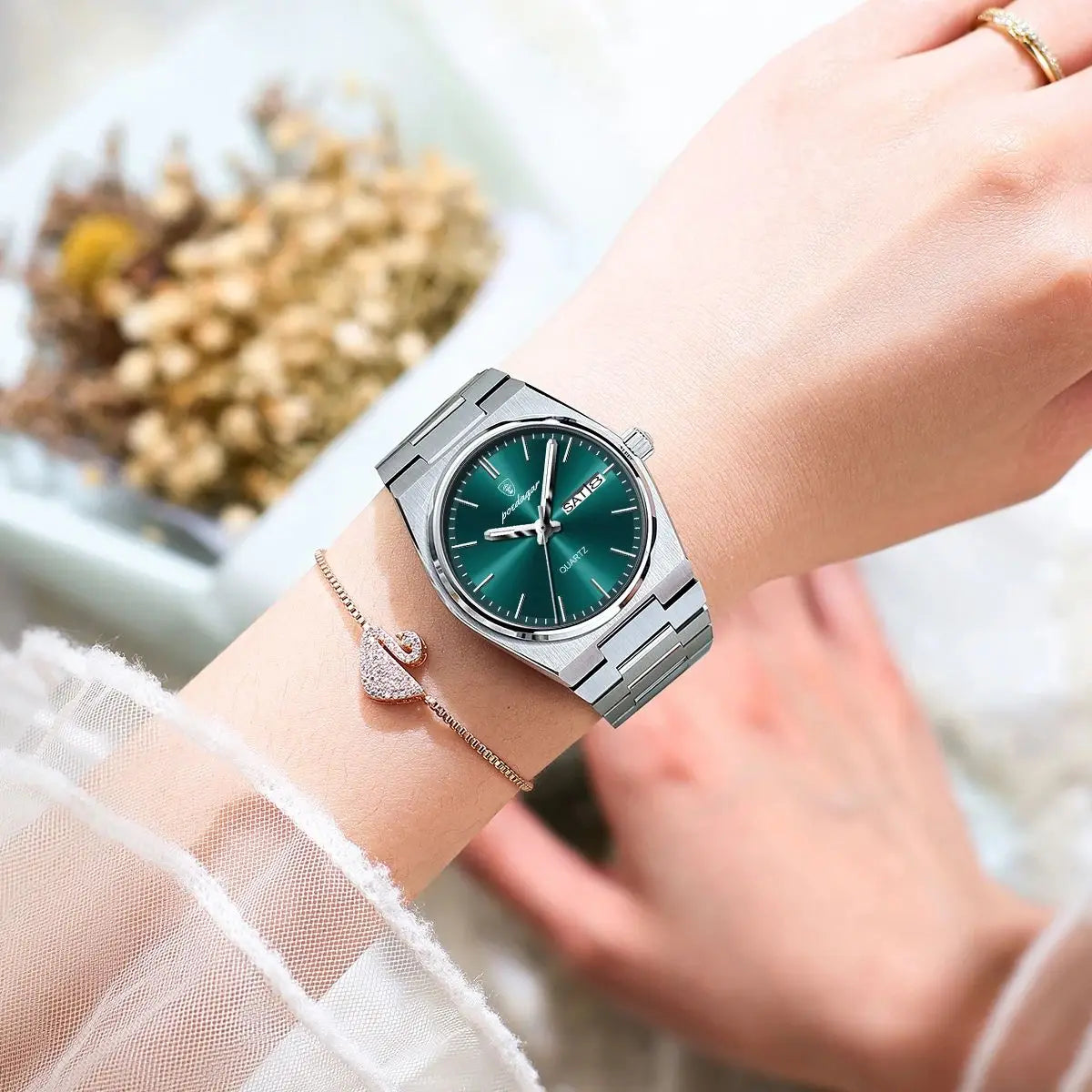 POEDAGAR Reloj de lujo para mujer, impermeable, luminoso, a la moda, de cuarzo, para señora, con fecha, día de la semana, de acero inoxidable, Reloj