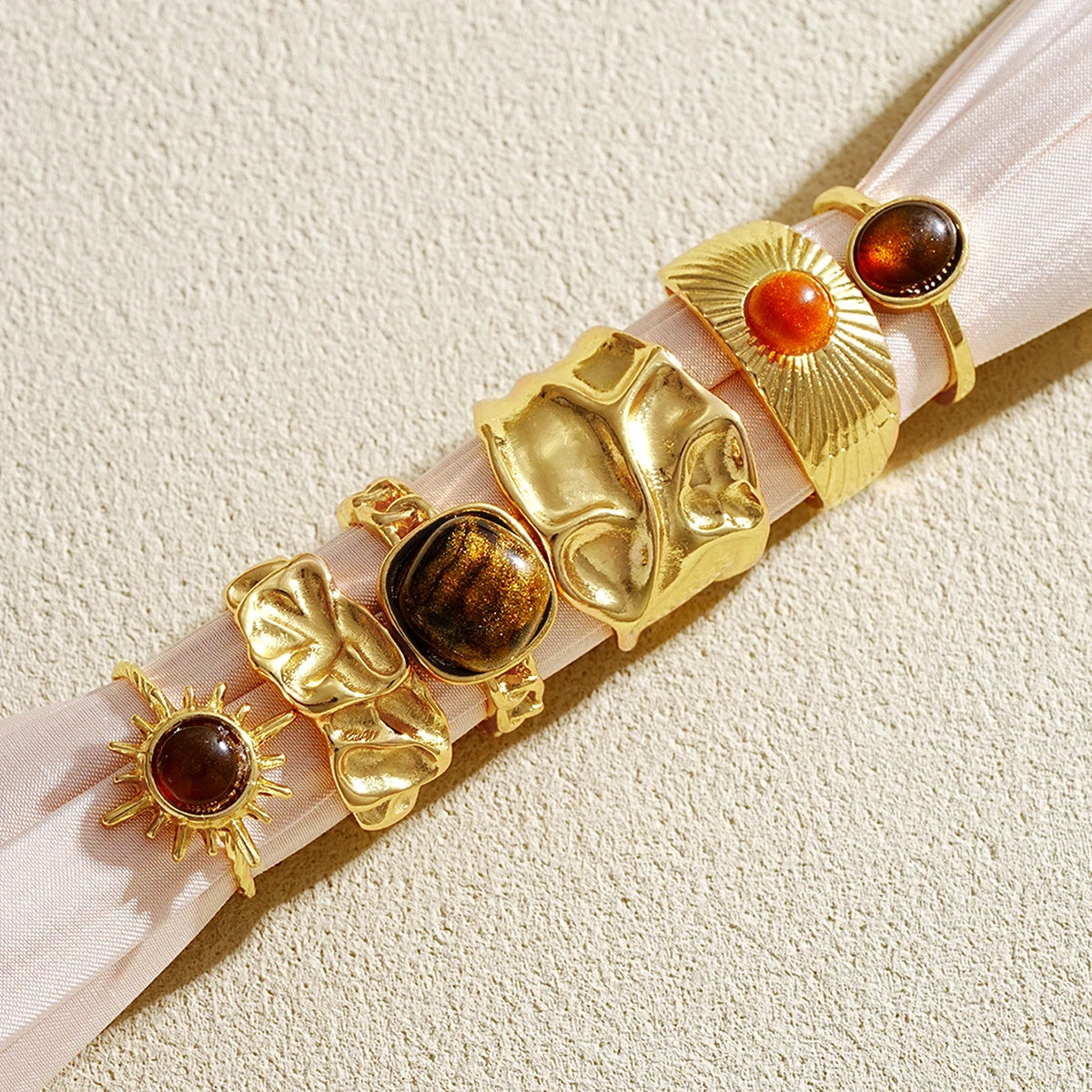 6 Stück Sonnenblumen-Tigerauge-Steinring-Set für Damen, Vintage unregelmäßige goldfarbene ästhetische offene Ringe, Mode-Party-Schmuckgeschenke