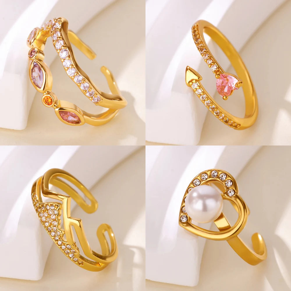 Modische pinke Herz-Zirkonringe für Frauen Goldfarbener Edelstahl Imitation Perlenring Elegantes ästhetisches Hochzeitsschmuckgeschenk