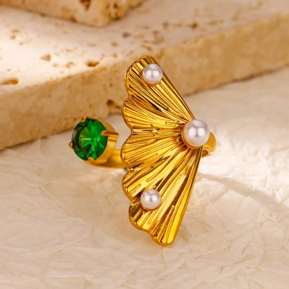 Grüne Zirkonia Herzringe für Damen, Vintage Goldfarben, Edelstahl, offener Ring, modischer ästhetischer Schmuck, Hochzeitsgeschenk