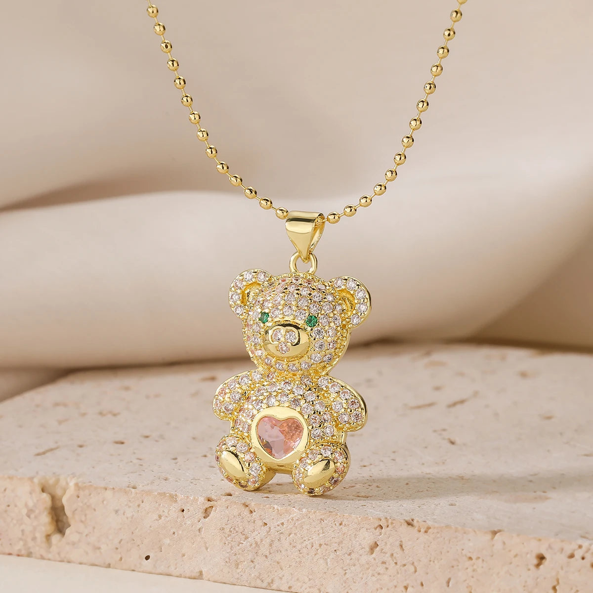NEWBUY Hot Sale 2 Style Lovely Bear Pendant Necklaces For Women Shiny CZ Zircon Inlay Gold Color Copper Jewelry