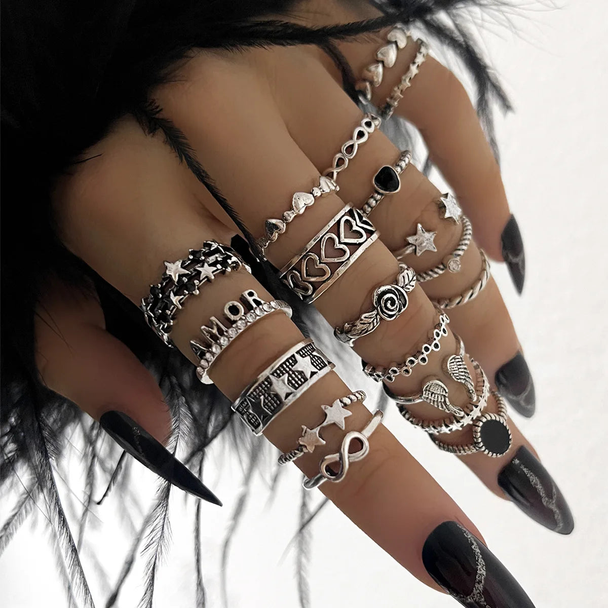 19 Teile Retro Punk Fingerring Set für Frauen Vintage Herz Flügel Stern Gothic Ring Damen Mode Schmuck Accessoires