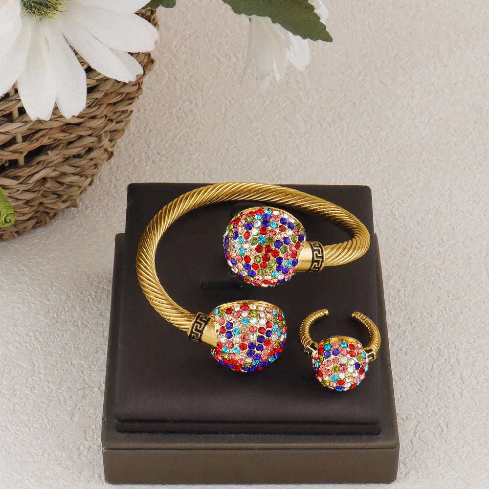 Goldfarbenes Manschettenarmband und Ring für Dubai Afrikanische Frauen Blauer Stein Handarmreif Fingerring Schmuckset Hochzeitsbraut Frau Geschenk