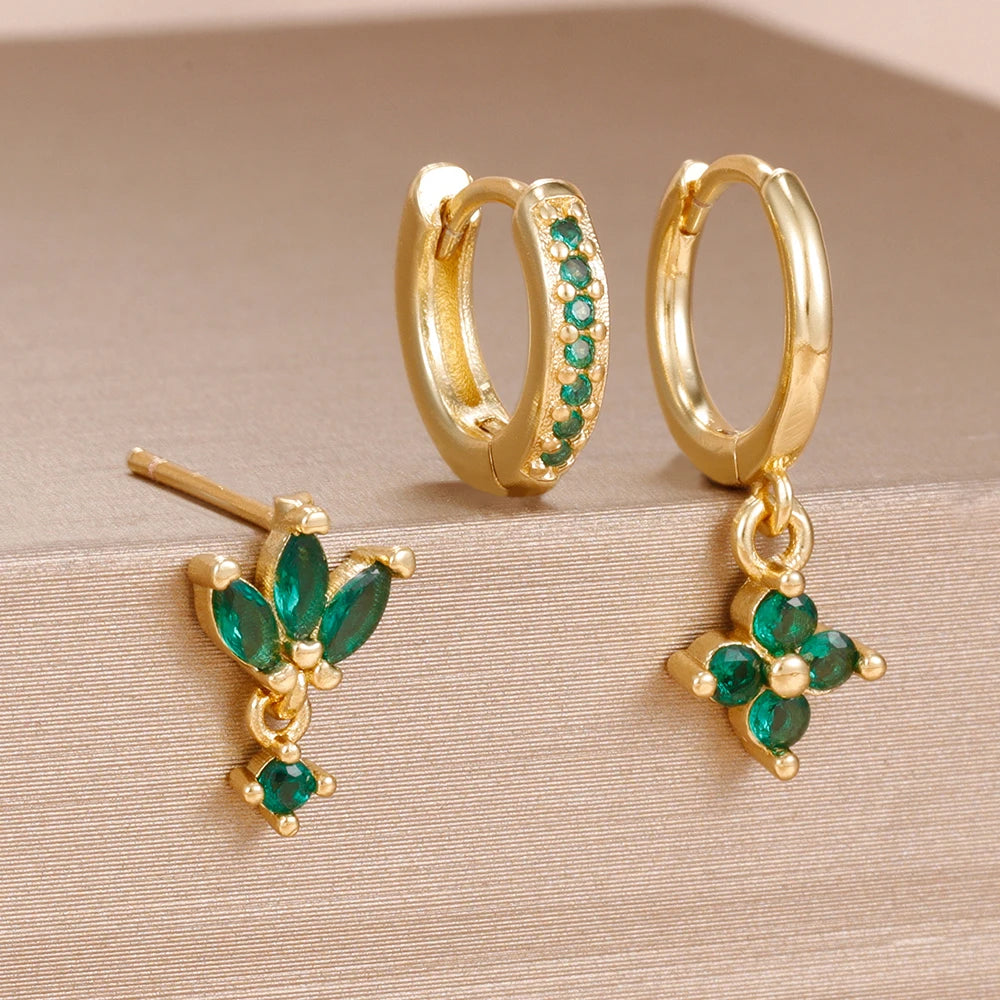 3 Paar modische orange-blaue Zirkon-Hängeohrringe für Damen, Edelstahl-Blumen-Baumelohrringe, Piercing-Schmuckset