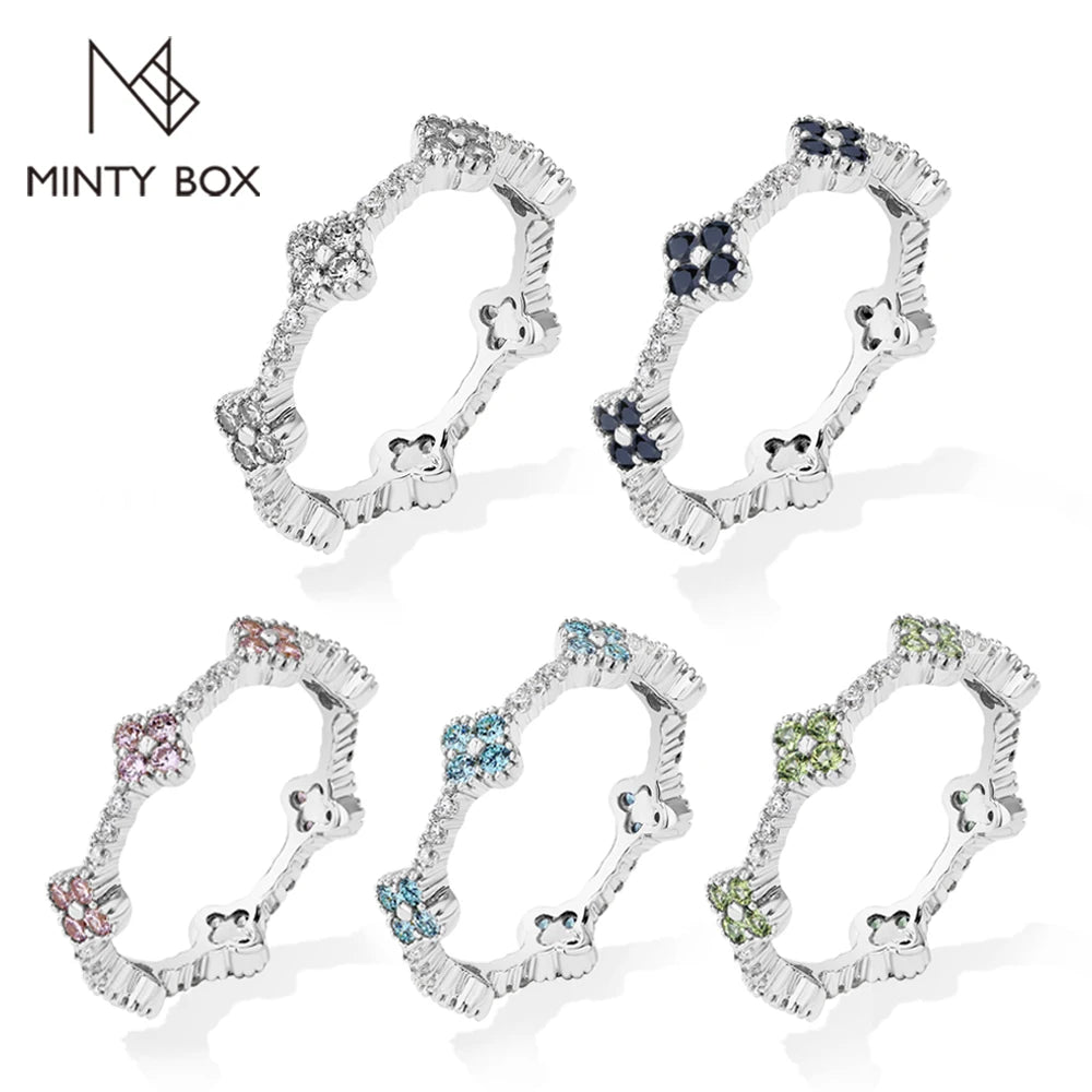 MINTYBOX Anillos de boda de moissanita de plata de ley 925 para mujer, anillo apilable con diamantes de laboratorio, diseño de flor de trébol, joyería fina, regalo