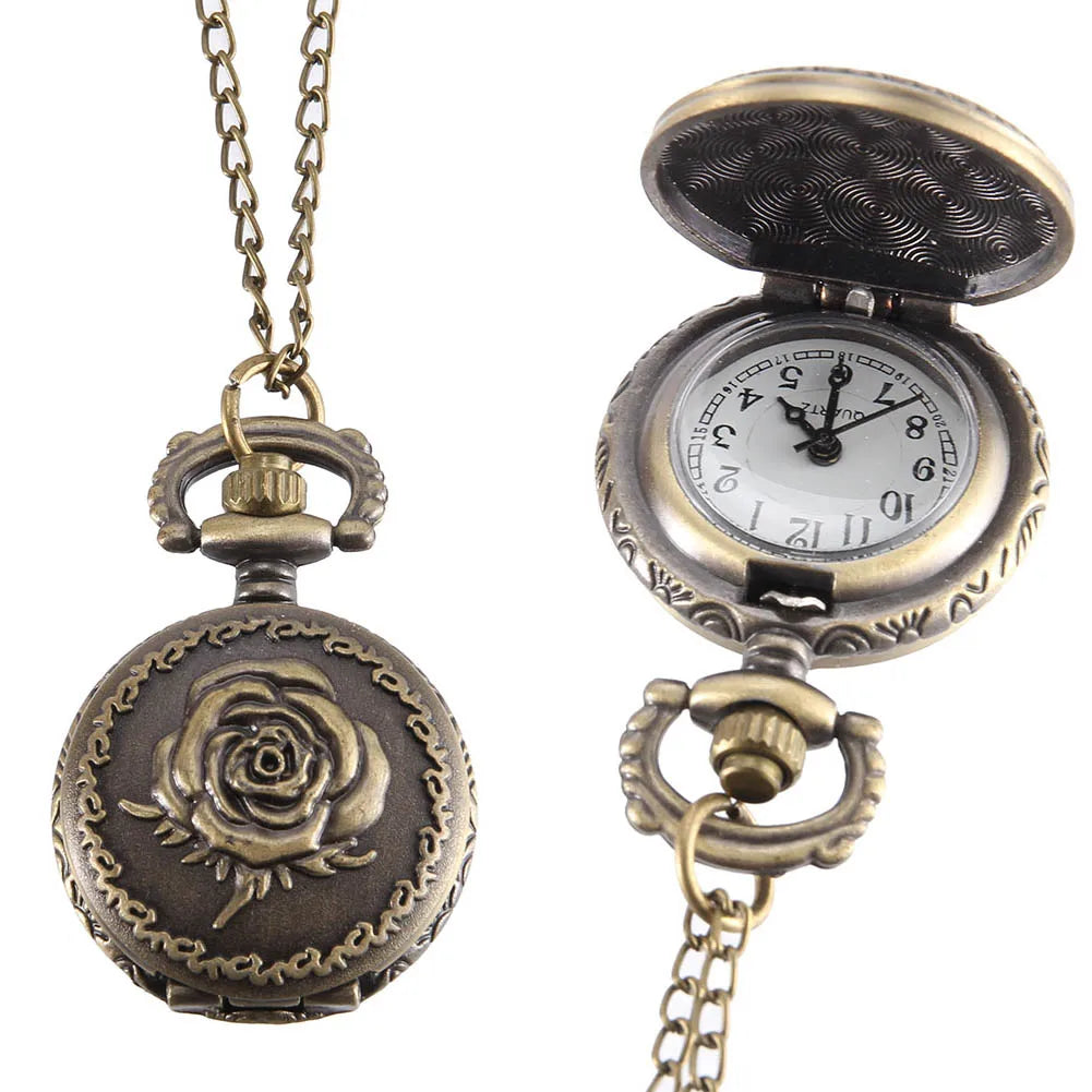 Vintage Pocket Small Watch Steampunk Quartz Watch With Chain Hollow Heart Cover Necklace Bronze Color Alloy Fob Clock Men Gift