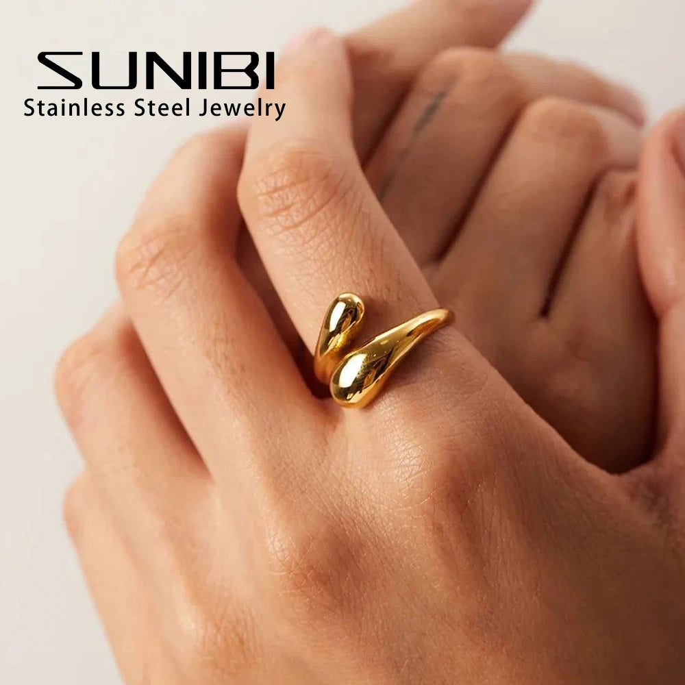 Anillo de doble abertura SUNIBI para mujer, diseño de pluma brillante dorada, anillo de acero inoxidable 316, joyería de moda para mujer al por mayor
