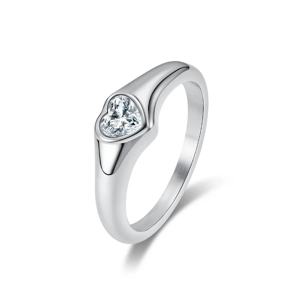 Edelstahl Herz Zirkonia Solitär Ring Ehering für Frauen Mädchen Größe 5-10