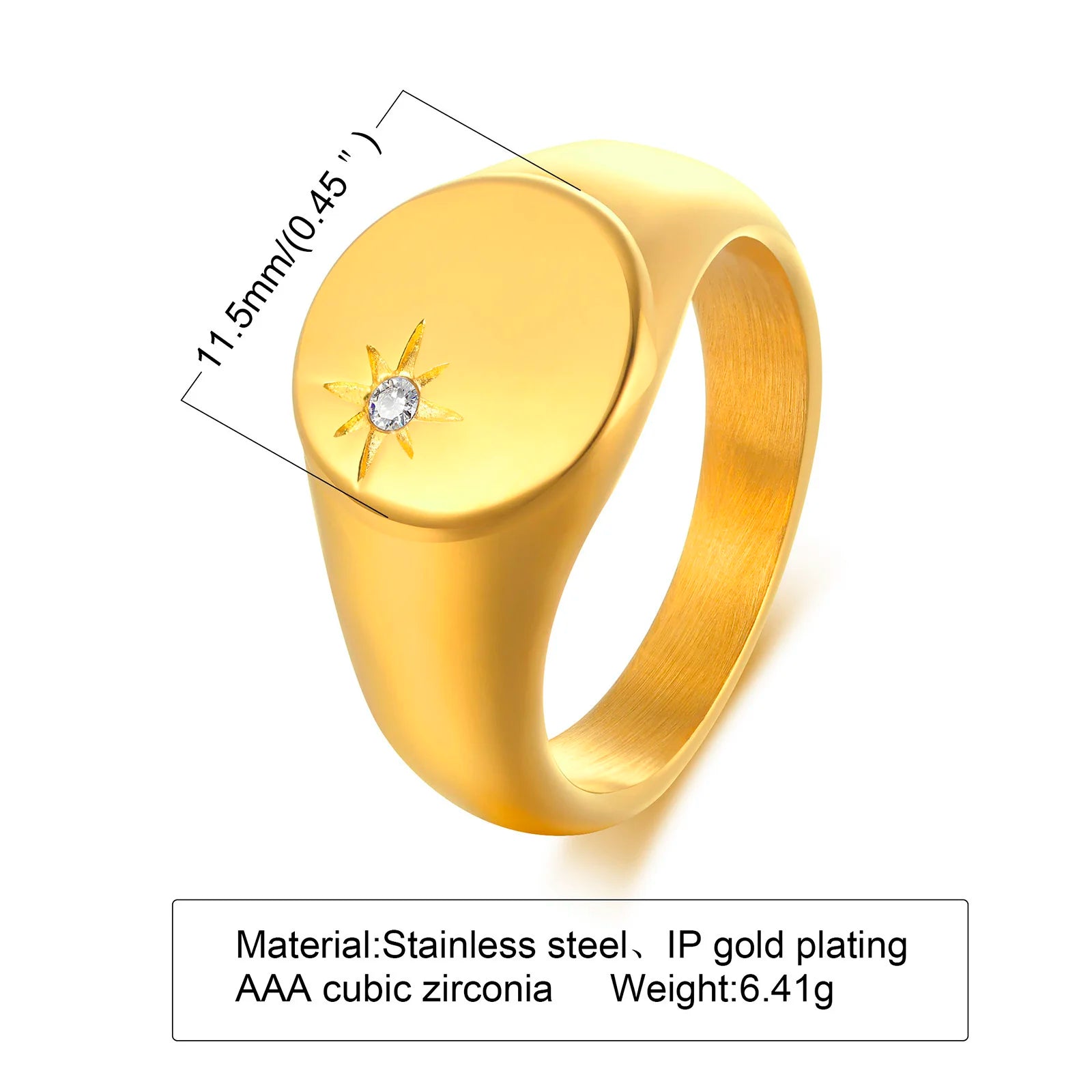 Anillo meñique de sello con sol de acero inoxidable, anillo con incrustaciones de circonita cúbica, chapado en oro, joyería de moda que no se deslustra