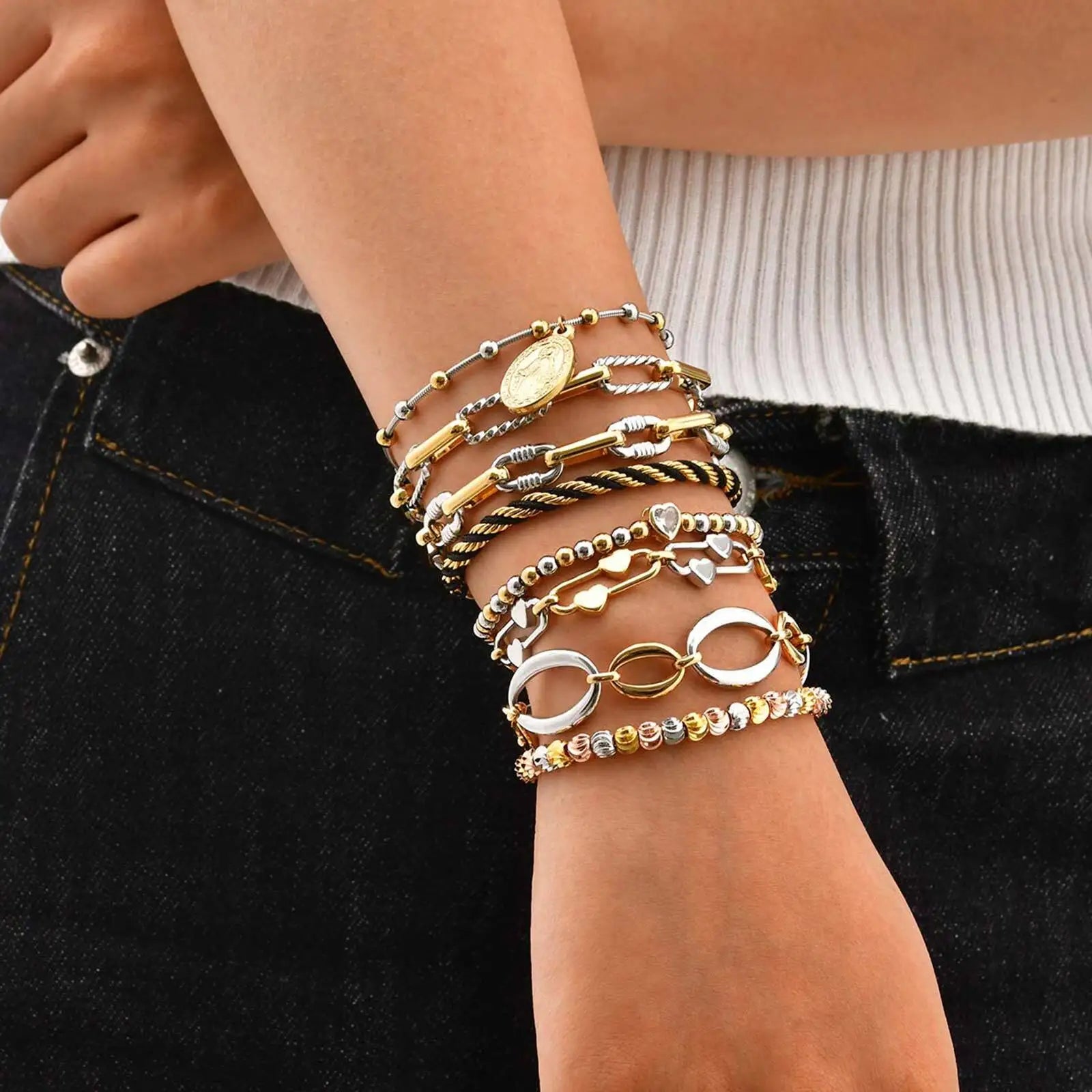 Zweifarbige Kettenarmband für Damen, klobiges Glied aus Metallmix, wasserdichter Schmuck aus Edelstahl, stylisches verstellbares Armband
