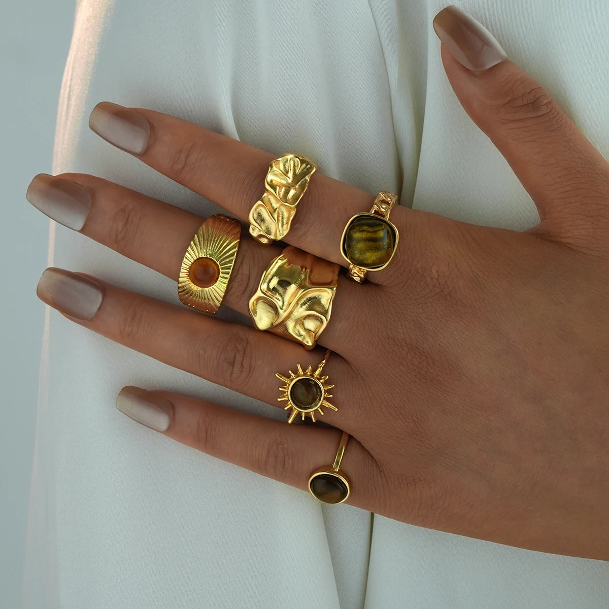 6er-Set Vintage Sonnenblumen Tigerauge Steinringe für Damen Unregelmäßige Goldfarbe Ästhetische Offene Ringe Modeschmuck Geschenke 2025