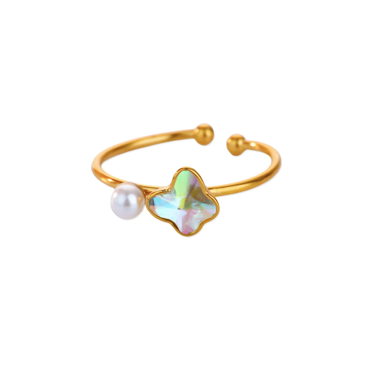 Edelstahl Vierblättriges Kleeblatt Ringe für Frauen Goldfarbe Zirkon Öffnung Paar Ring Ästhetischer Hochzeit Bohème Schmuck Geschenk