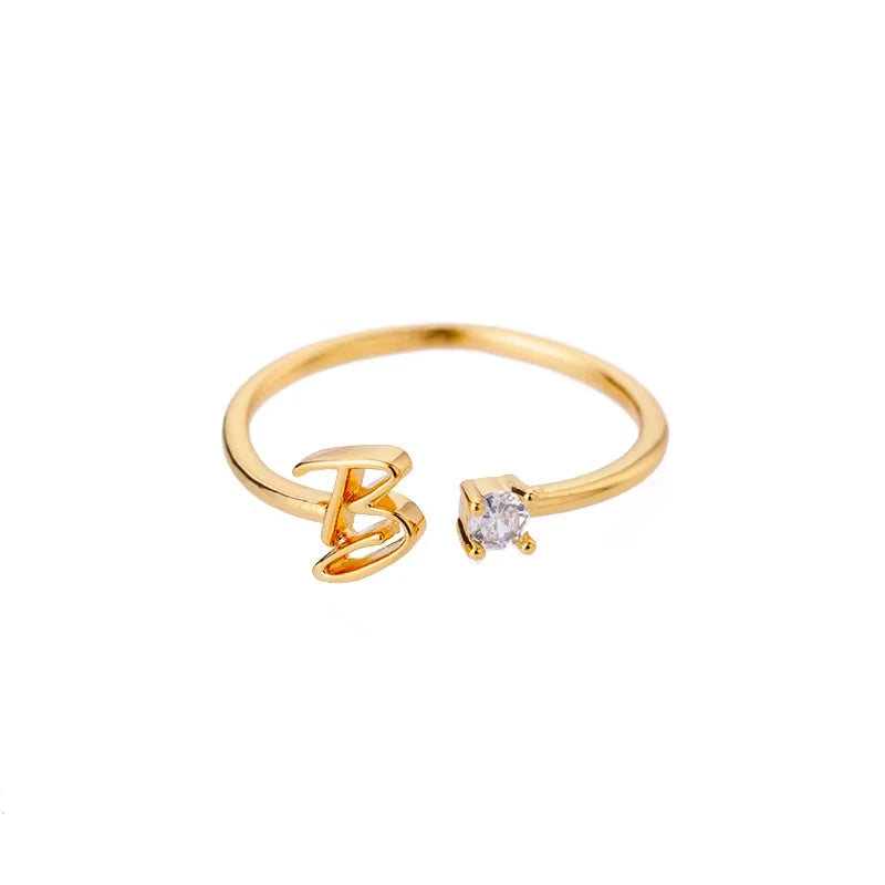 A-Z Anfangsbuchstabe Offene Ringe für Damen Edelstahl Goldfarbe Zirkon Verstellbarer Ring Trendiger Paar-Hochzeitsschmuck Geschenk
