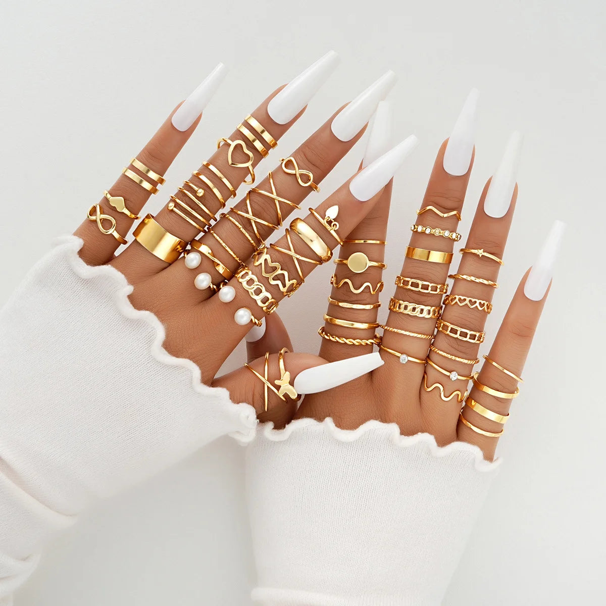 47 Teile/Set Vintage Goldfarbe Herzringe Set Für Damen Herren Hohl Schmetterling Perle Kristall Geometrische Ringe Trendiger Fingerschmuck