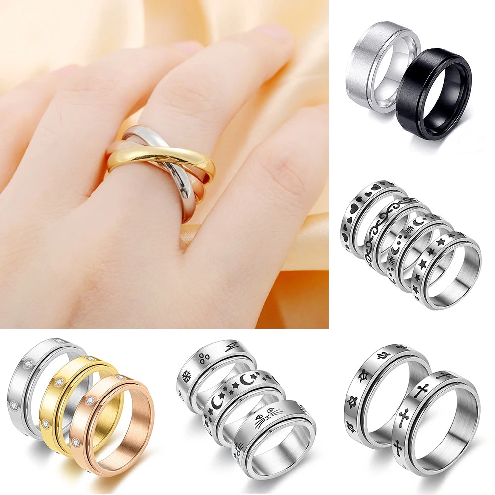 Anti-Angst Entspannungsringe Für Paare Rotierende Edelstahl Mond- und Stern-Liebesband Fidget-Ringe Anillo Antiestres
