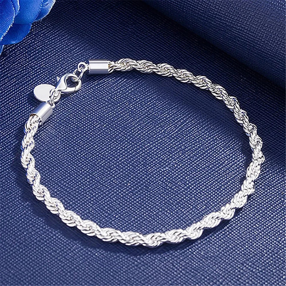 ALIZERO 925 Sterling Silber Unisex 4mm Seilkette Armbänder für Herren Damen Gedrehte Gliederkette Armband Einfacher Klassischer Schmuck