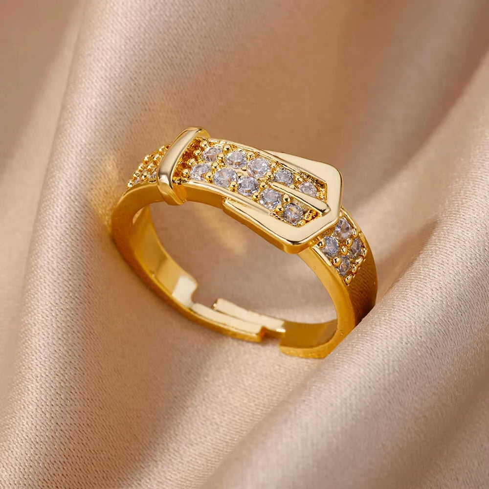 Luxus Zirkon Geometrische Ringe für Frauen Edelstahl Gold Farbe Offener Ring Trendige Hochzeit Party Ästhetischer Schmuck Geschenk Femme
