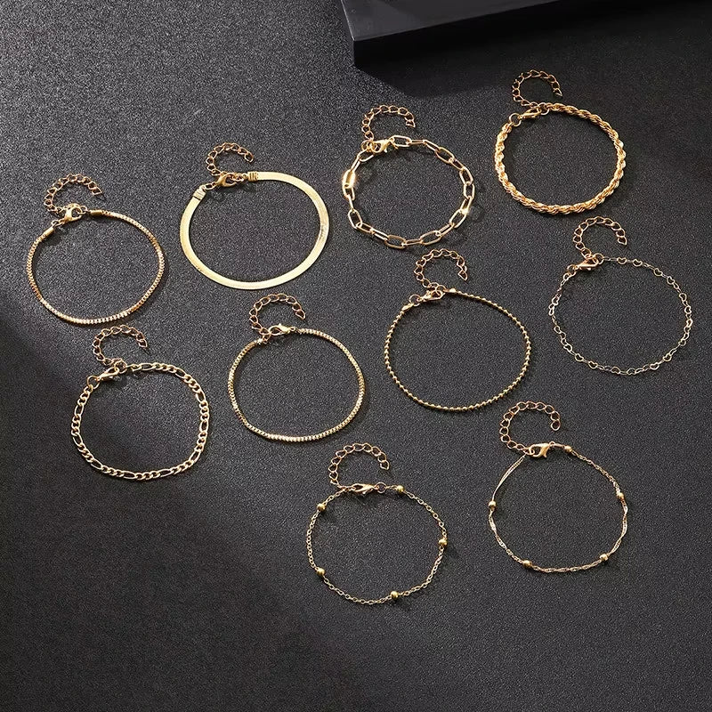 10 Stück Vintage Statement Goldfarbene Flache Schlangenkette Boxkette Armband Boho Mehrschichtiges Metallarmband Damen Sommer Schmuck