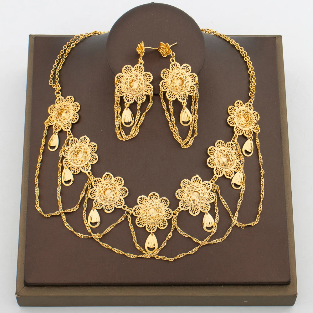 Afrikanischer 18K Goldfarbener Schmuckset für Damen Blumenmuster Halskette und Ohrringe 2-teiliges Set für Hochzeiten Party Schmuck Dubai Geschenk