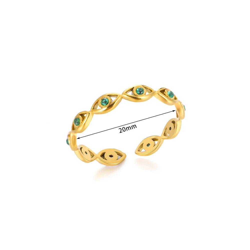 Grüner Zirkon Böser Blick Ringe für Frauen Edelstahl Goldfarben Geometrisch Offener Ring Neu Hochzeit Wasserdichter Modeschmuck Geschenk