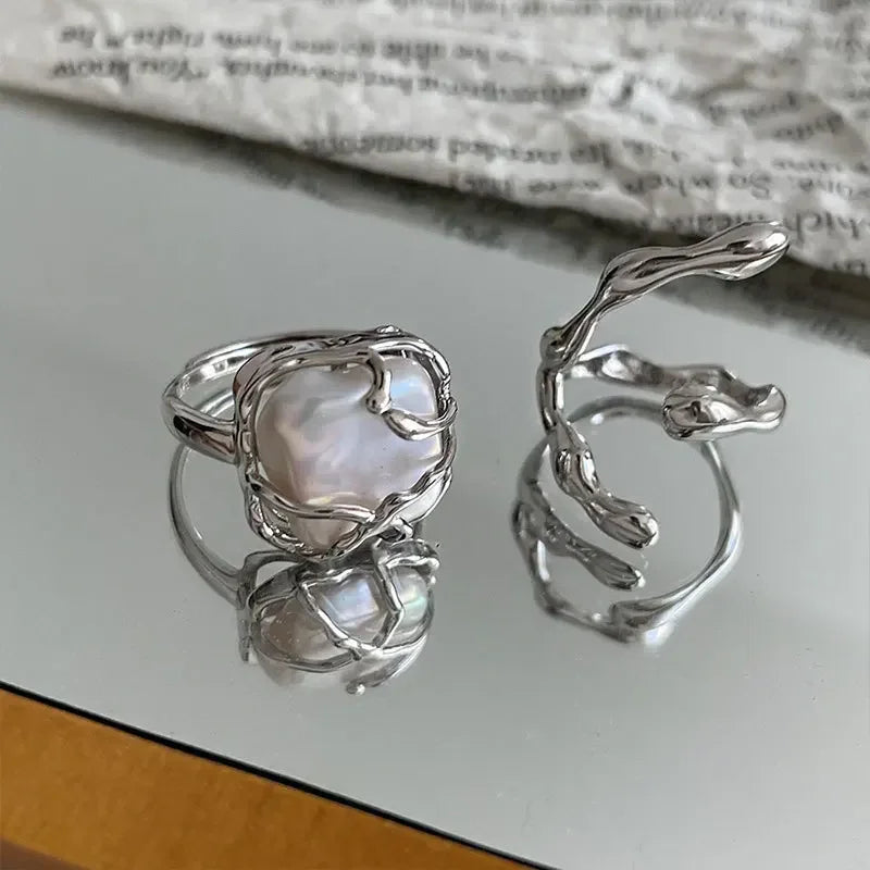 Neuer unregelmäßiger Perlenring, zweiteiliges Set für Damen, modisches personalisiertes tägliches Accessoire, Party-Schmuck, Geburtstagsgeschenke