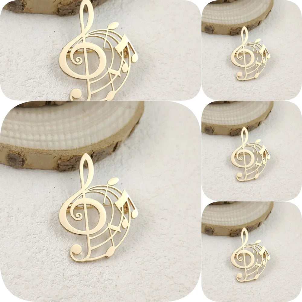 Creative punk style hollow music symbol stainless steel gold-plated 18K brooch, black suit accessories, wedding matching set