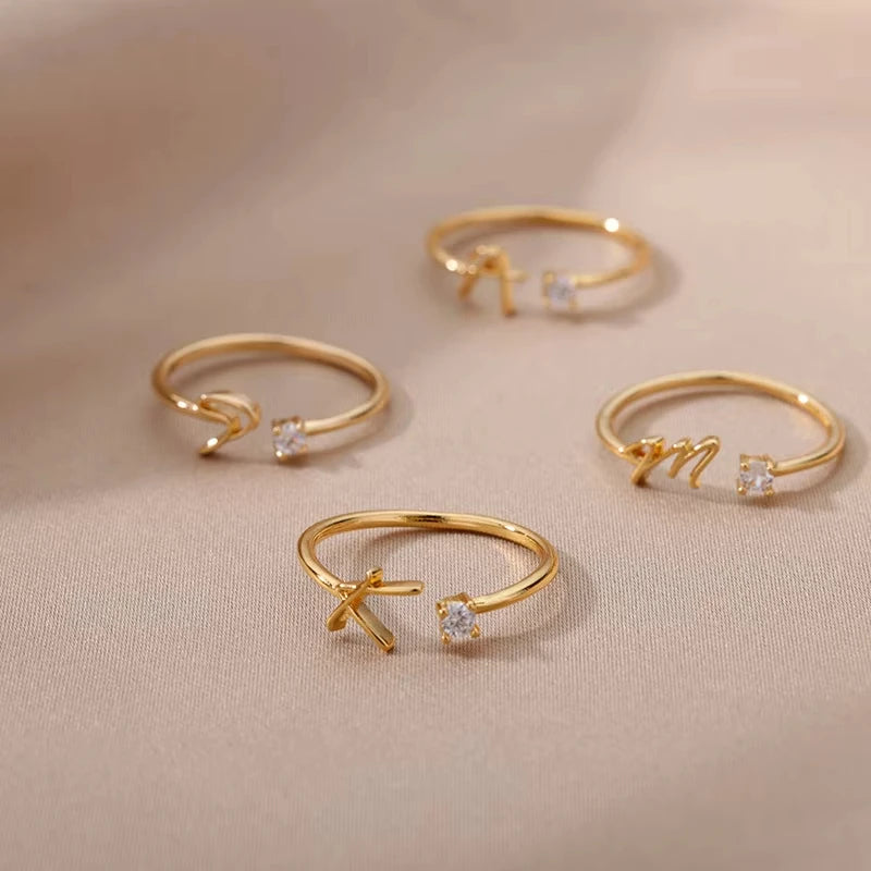 Zirkon-Anfangsbuchstabenring für Damen, Edelstahl, Goldfarben, Alphabet, offener Ring, trendiger Hochzeitstags-, Ästhetik-Schmuck