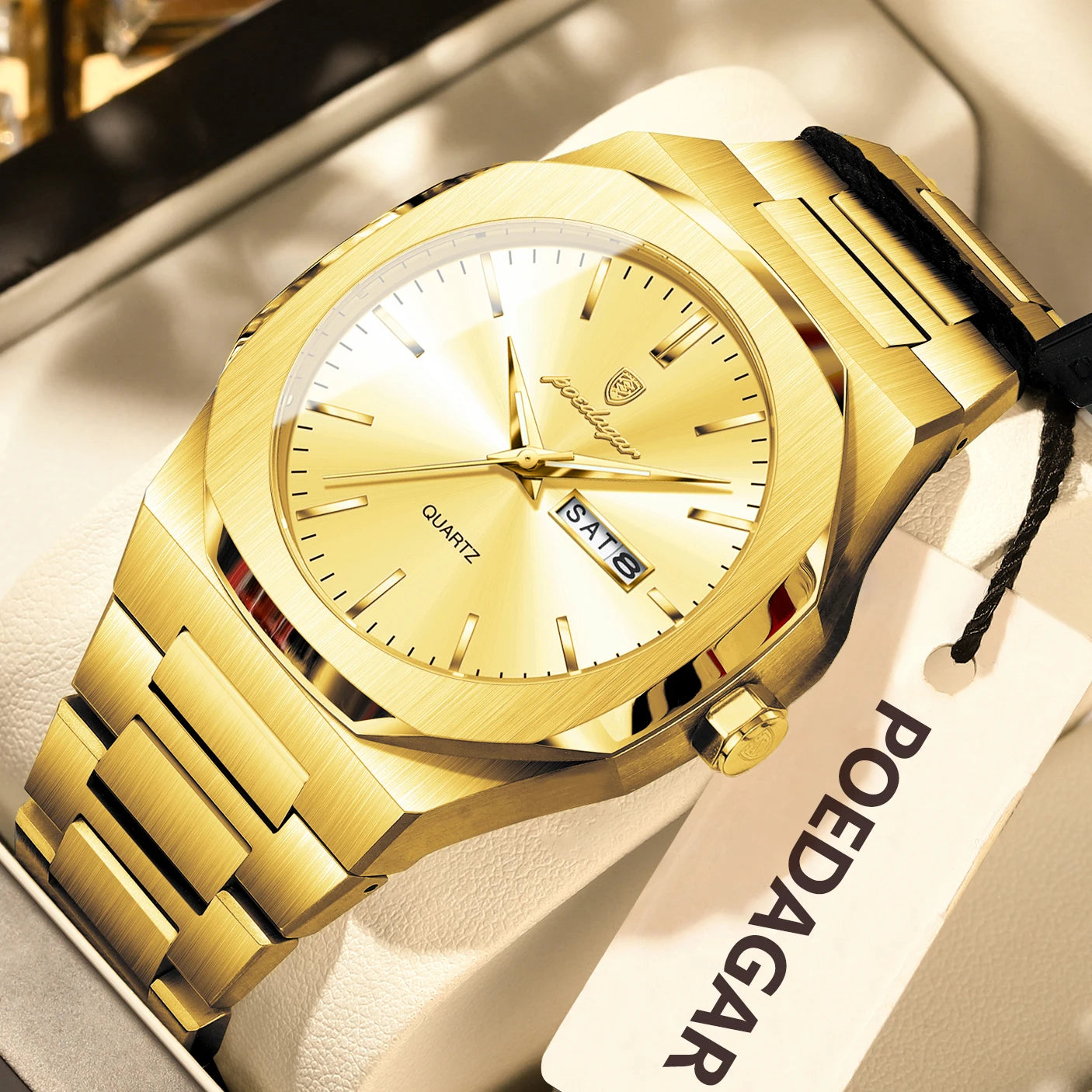 Reloj de hombre de marca de moda POEDAGAR, impermeable, luminoso, de acero inoxidable, para hombres, fecha, semana, informal, de cuarzo, Reloj de hombre