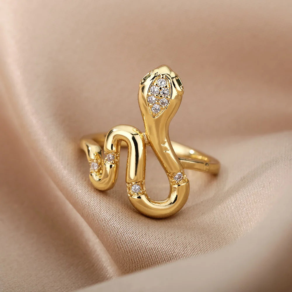 Edelstahl Schlangenringe für Damen Herren Goldfarben Offen Verstellbar Zirkon Ring Vintage Gothic Ästhetischer Schmuck anillos mujer