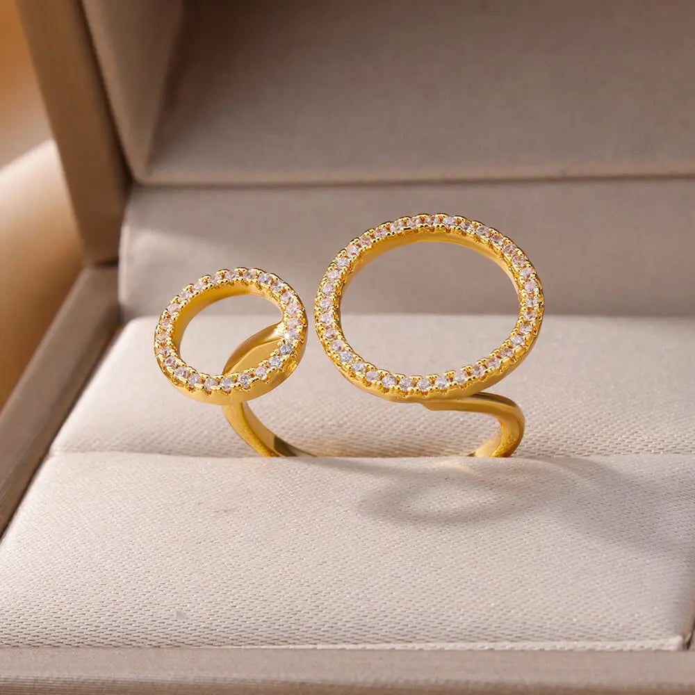 Zirkon Doppelkreisringe für Frauen Edelstahl Verstellbarer geometrischer Kreisring Hochzeit Party Ästhetischer Schmuck Geschenk femme