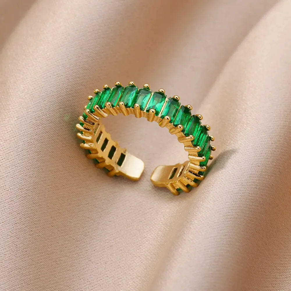 Bunter Zirkonia-Ring für Damen, Edelstahl, goldfarben, offener Ring, Vintage-Boho-Hochzeitsfeier-Schmuck, Geschenk-Accessoires