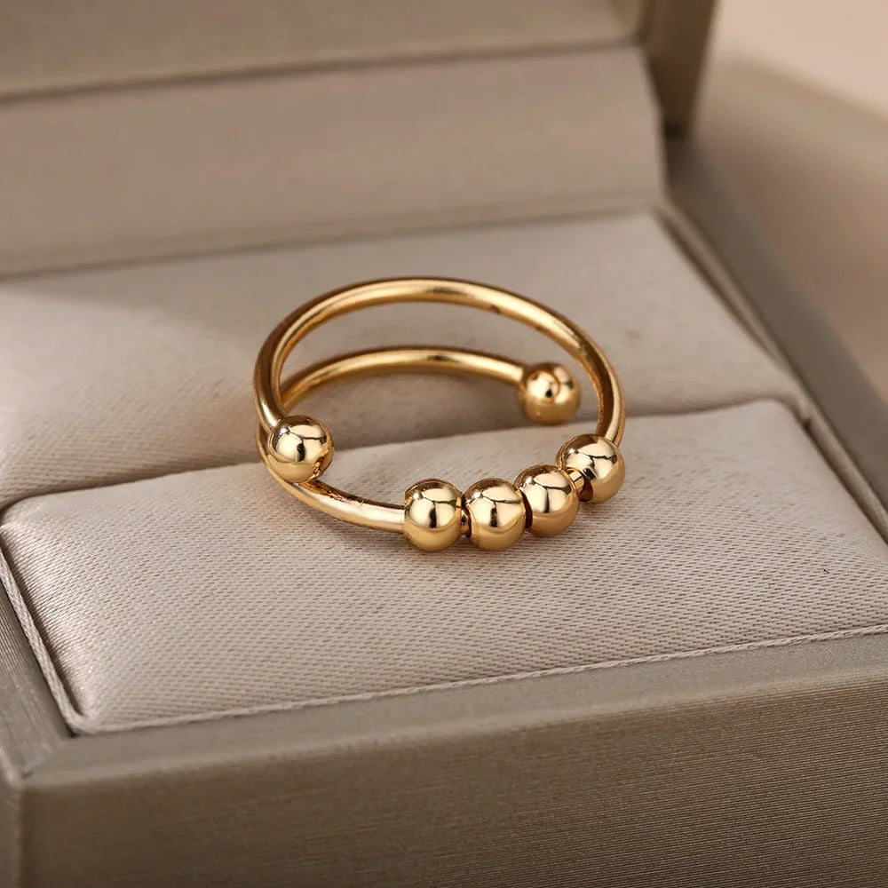Anti-Stress Drehbare Perlenringe für Damen Herren Goldfarben Edelstahl Doppelte Glatte Perlen Fingerring Party Schmuck Geschenk