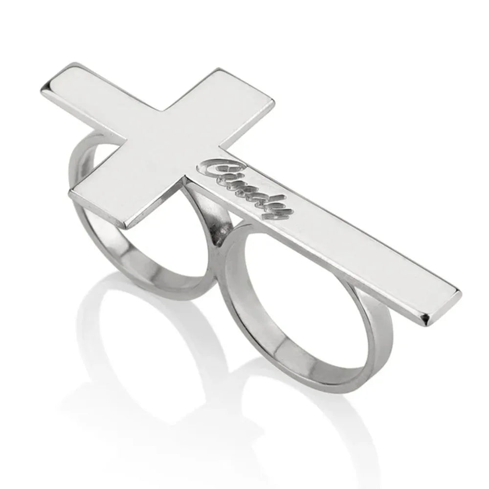 Custom Cross Ring Two Finger Ring Engraving Name Silver Stainless Steel Ring Men Knuckle Jewelry Personalized Gift for Boyfriend