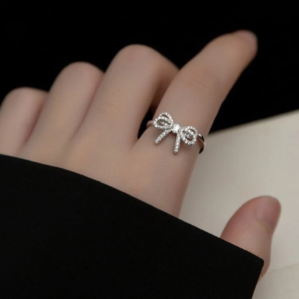 Yupsk Korean Fashion Micropaved Crystal Zirconia Bow Ring for Women Girls Exquisite Ins Trendy Minimalist Finger Rings Jewelry
