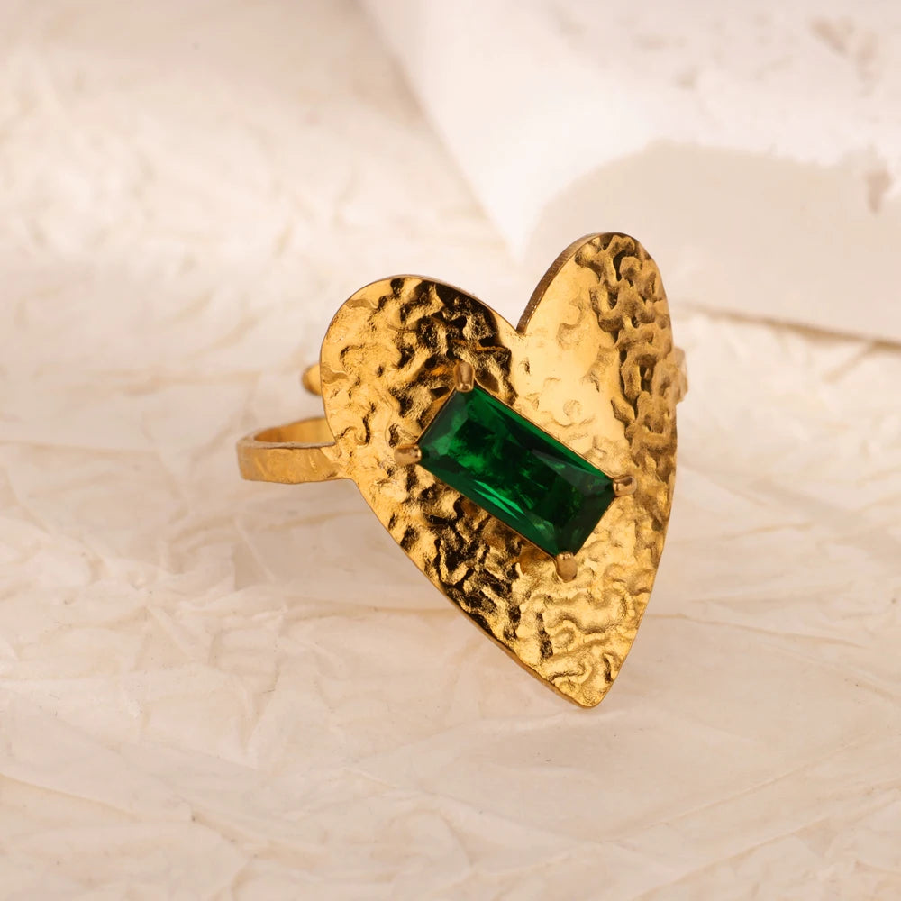 Grüne Zirkonia Herzringe für Damen, Vintage Goldfarben, Edelstahl, offener Ring, modischer ästhetischer Schmuck, Hochzeitsgeschenk