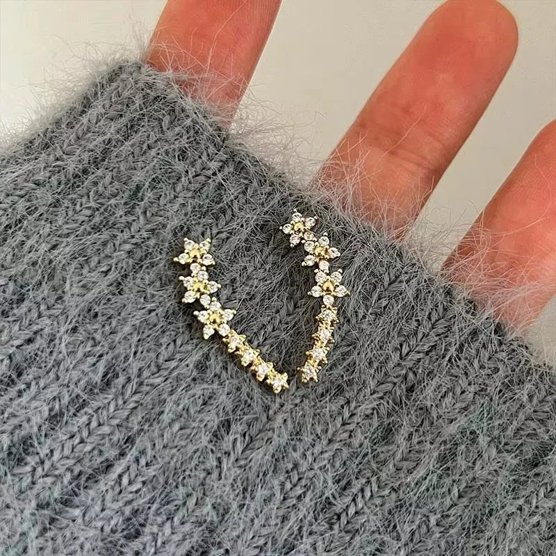 Mode Silberfarbe Zirkon Blume Stern Ohrstecker für Frauen Einfache Metall Piercing Kletter Ohrringe Schmuck Zubehör