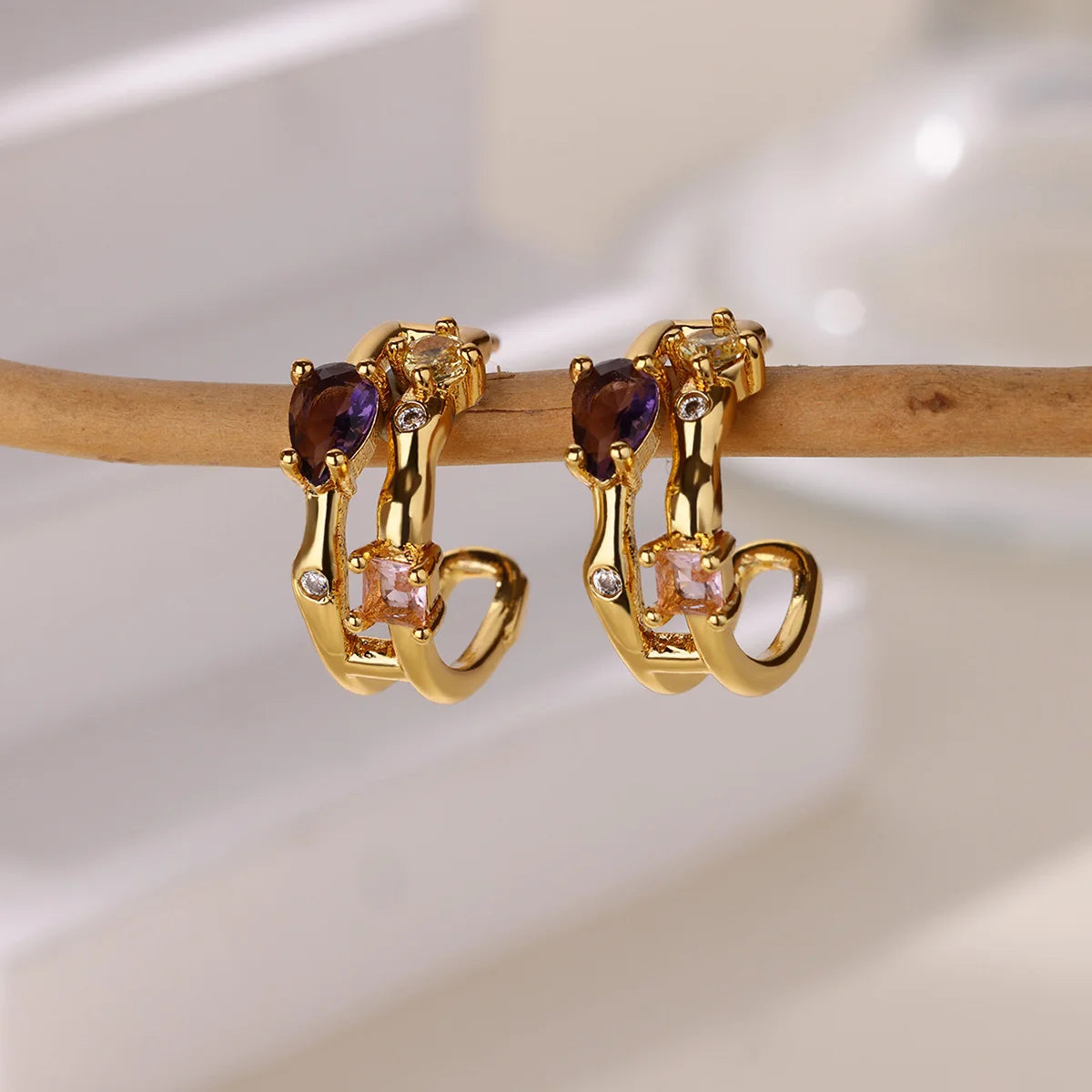 Zircon Geometric Hoop Earrings for Women Stainless Steel Gold Color Piercing Earring 2025 New Fashion Wedding Couple Jewelry