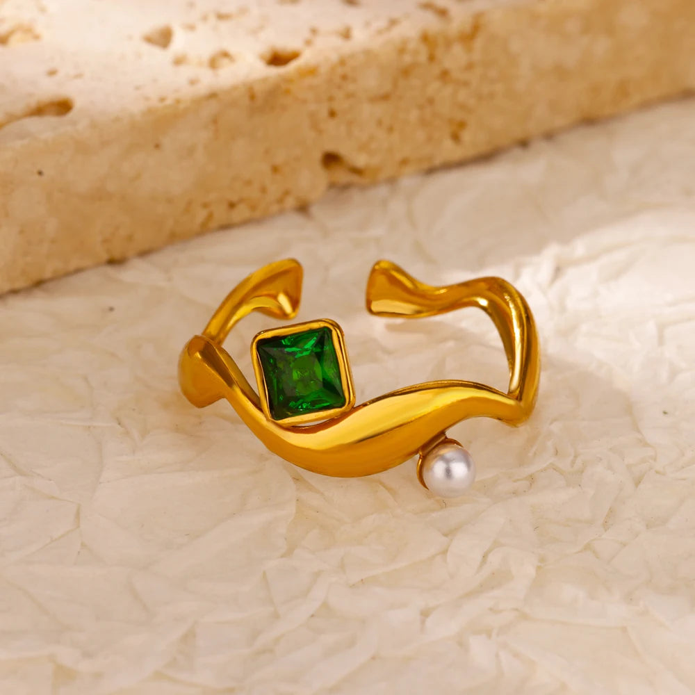 Grüne Zirkonia Herzringe für Damen, Vintage Goldfarben, Edelstahl, offener Ring, modischer ästhetischer Schmuck, Hochzeitsgeschenk