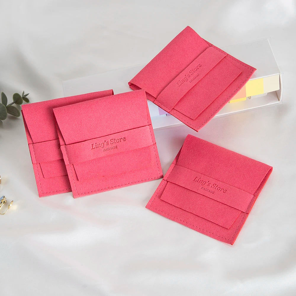 50/100Pcs Chic Custom Logo Jewelry Microfiber Strip Bag Rose Beige Pink Envelope Velvet Ring Earring Pendant Necklace Stud Pouch