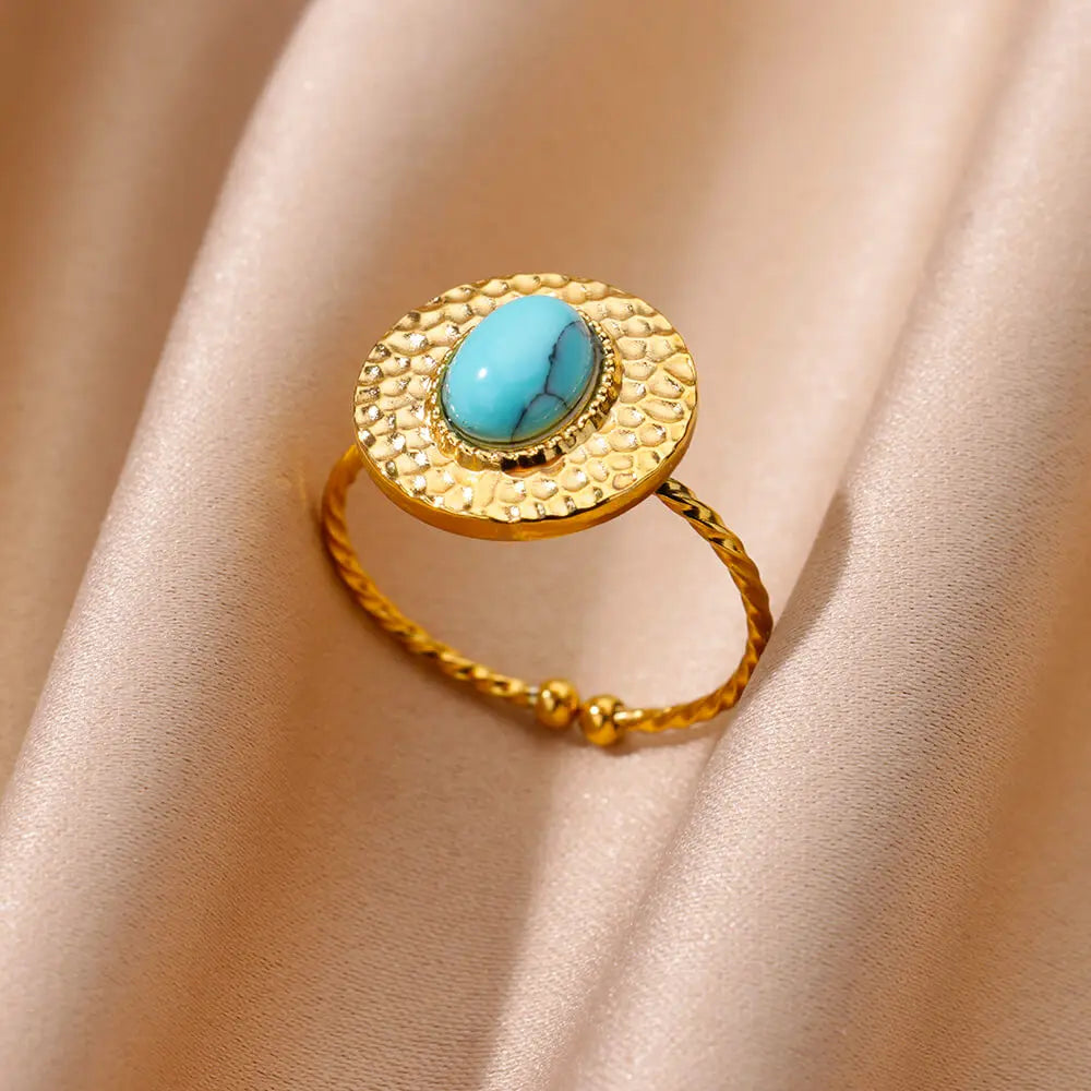 Goldfarbener Edelstahl Muschelringe für Frauen Vintage Oval Blauer Stein Verstellbarer Ring Mode Party Schmuck Jubiläumsgeschenk