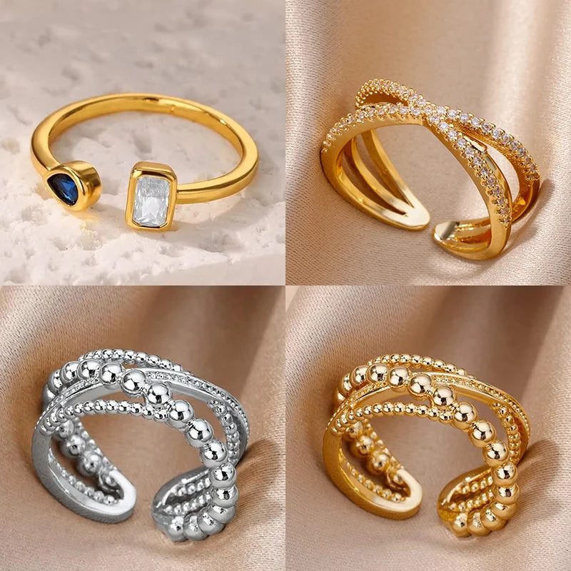 Zirkon Quadrat Tropfen Ringe für Frauen Edelstahl Goldfarbe Geometrischer Ring Hochzeit Verlobung Weihnachts-Schmuck Geschenk