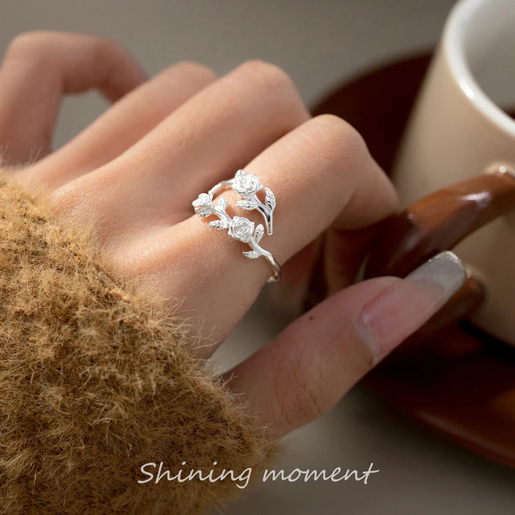 925 Sterlingsilber Rosenzweig Verstellbare Ringe für Frauen Verlobung Hochzeit Weibliche Luxus-Schmuck-Accessoires Schmuck