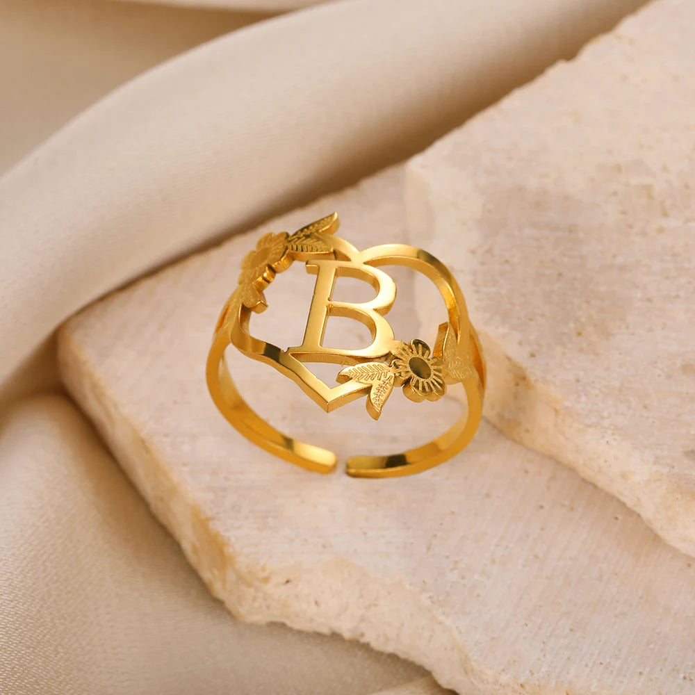 Edelstahl Initialen Buchstaben Herzringe für Frauen Mädchen Goldfarben Blumen Alphabet Ring Mode Valentinstags Schmuck Geschenk