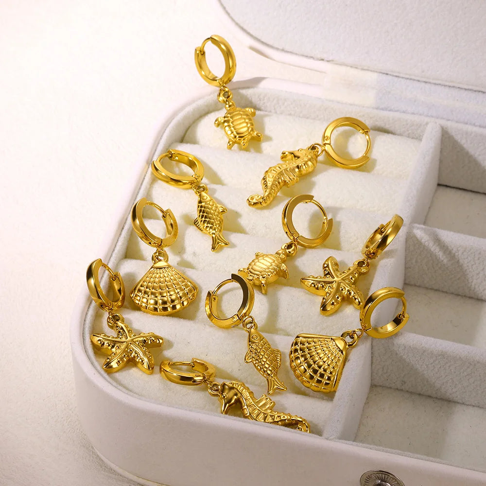 Pendientes de aro de estrella de mar de agua dulce con concha para mujer, elegantes, de acero inoxidable, color dorado, Aretes, accesorios de joyería de Navidad