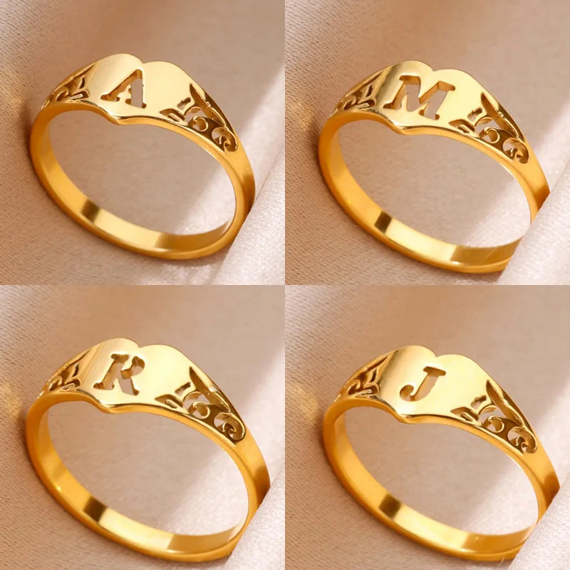 Anillos de corazón con letras iniciales huecas de moda para mujer, color dorado, acero inoxidable, anillo con letras de la A a la Z, regalo de joyería estética para boda
